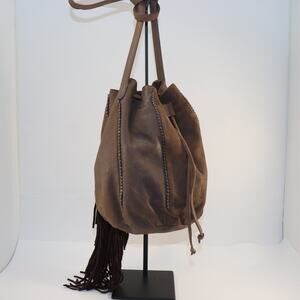 Barbara Bonner Leather Fringe Drawstring Bucket Bag – Boho Style, Repaired